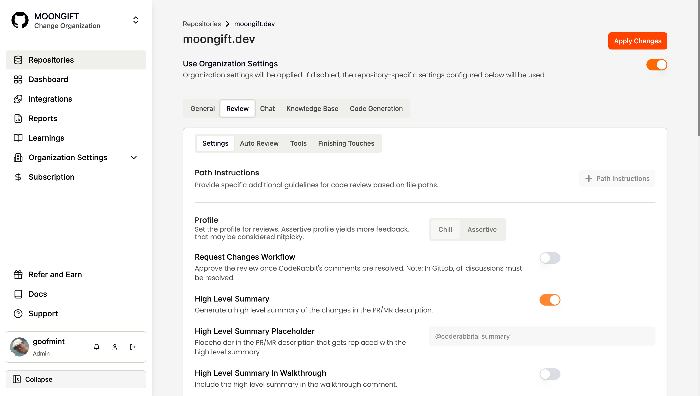 CodeRabbitのダッシュボード